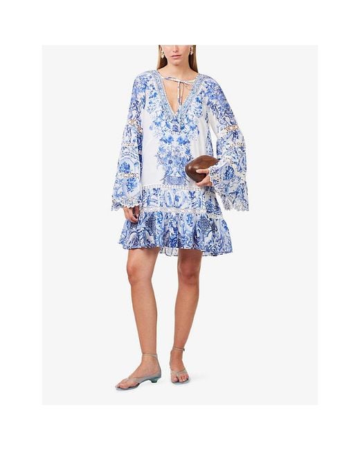 Camilla Blue Gathered-Panel Ceramic-Print Silk And Cotton Mini Dress