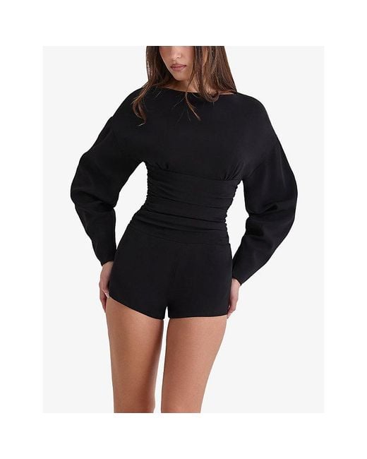 House Of Cb Black Elisetta Long-Sleeved Crepe Playsuit