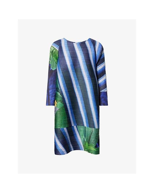 Pleats Please Issey Miyake Blue City Collage-Print Knitted Dress