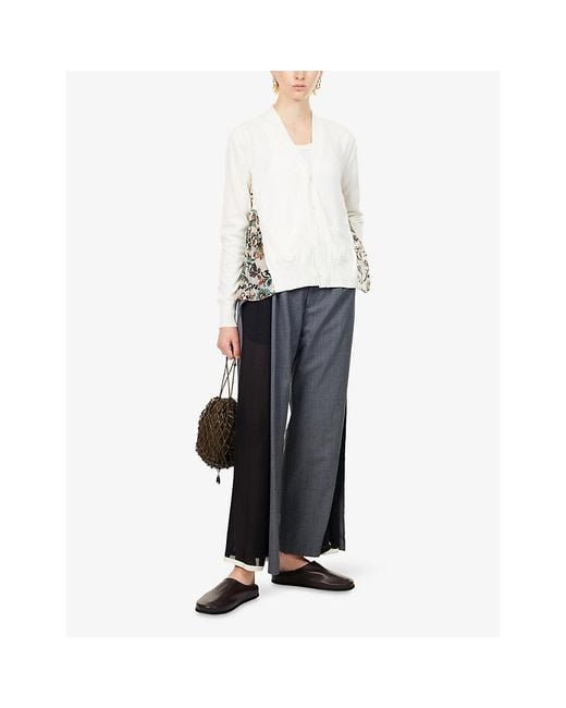 Sacai White Floral-Panel Knitted Cardigan