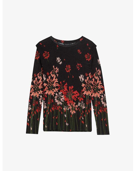 Ted Baker Red Feonlaa Floral-print Slim-fit Woven T-shirt