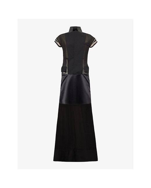 Sacai Black Suiting Notched-lapel Semi-sheer Mesh And Silk Maxi Dress