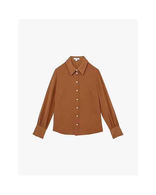 Reiss Brown Gianna Regular-Fit Long-Sleeve Silk Shirt