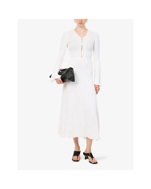 Yasmina Q White Salma Floral-Print Knitted Midi Skirt