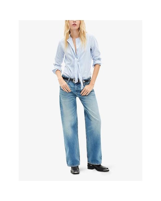 The Kooples Blue Striped Tie-Neck Stretch Cotton-Blend Shirt