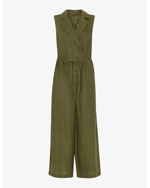 Whistles Green Bella Notch-lapel Wrap Linen Jumpsuit