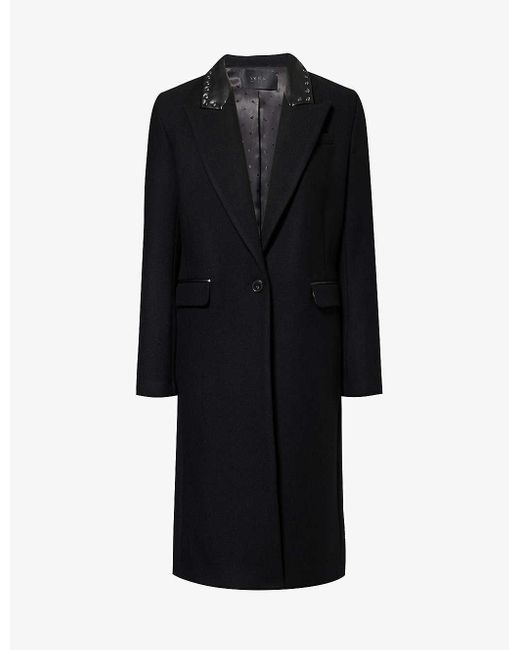 IKKS Black Stud-embellished Single-breasted Wool-blend Coat