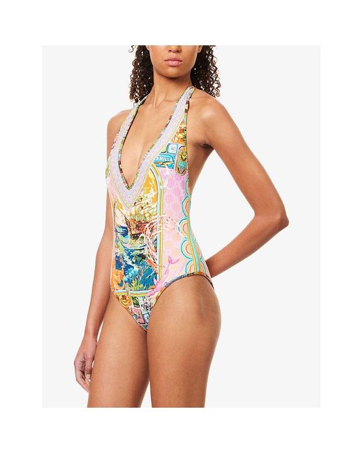 White Camellia Halter One-Piece Swimsuit