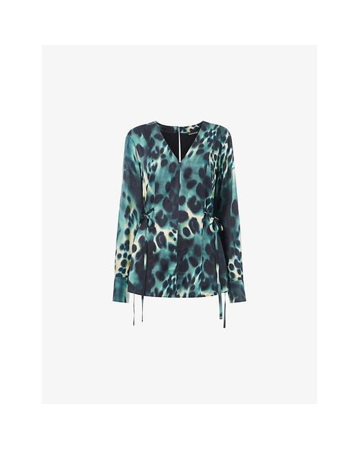 Whistles Blue Misty Leopard V-Neck Woven Blouse