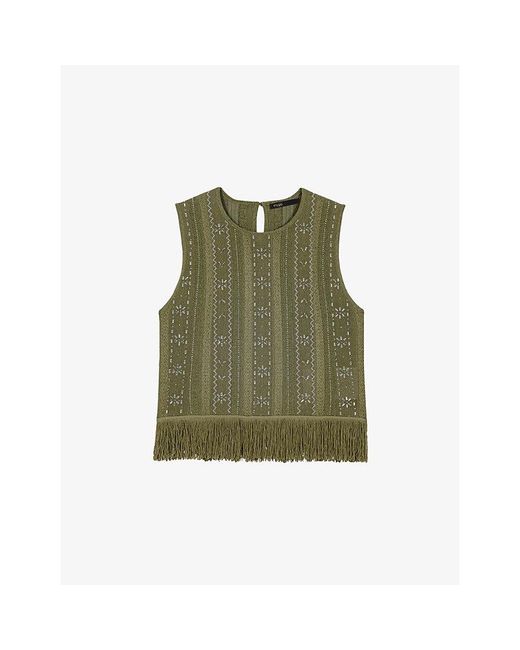 Maje Green Fringed Rhinestone-Embellished Woven Top
