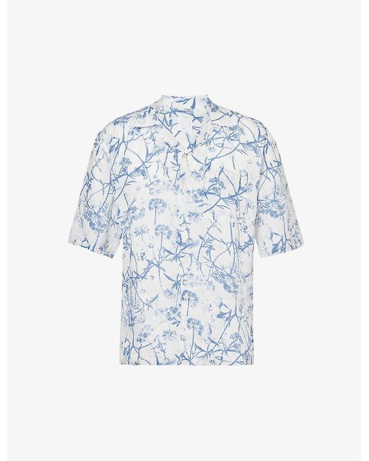 120% Lino Blue Short-sleeve Patch-pocket Regular-fit Linen Shirt for men