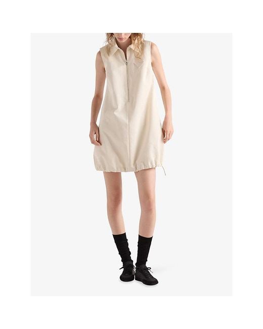 Prada Natural Triangle-Logo Sleeveless Cotton-Chino Mini Dress