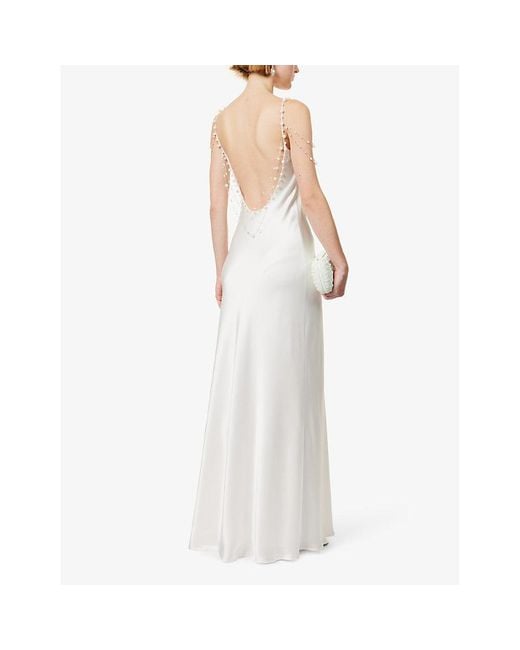 Galvan White Pearl-embellished Open-back Satin Maxi Dress