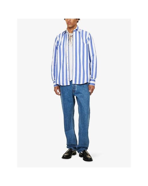 Drake's Blue Striped Blocked Cotton Shirt for men