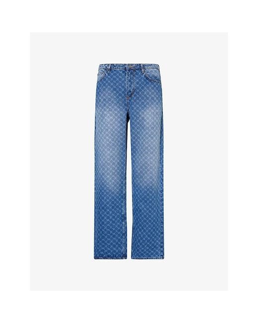 Daily Paper Blue Amba Monogram-Pattern Straight-Leg Denim Jeans for men