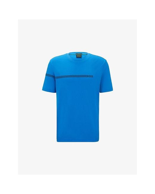 Boss Blue Stripe And Brand-Print Regular-Fit Stretch Cotton-Blend T-Shirt for men