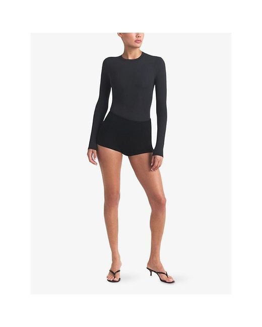 Skims Black Fits Everybody Long-Sleeve Thong Bodysuit