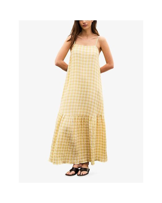 Ro&zo Yellow Cheesecloth-Check Tiered Cotton And Linen-Blend Maxi Dress