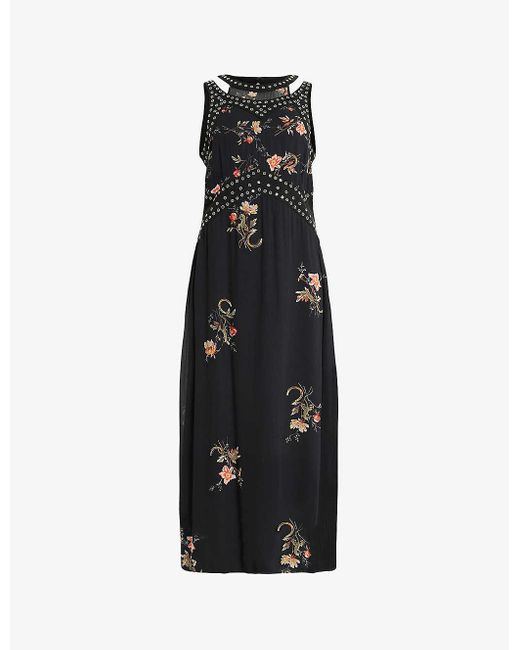AllSaints Black Jessie Tanana Floral-print Stud-embellished Woven Midi Dress