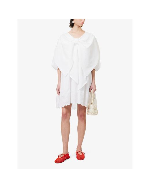 Simone Rocha White Bow-embellished Puff-sleeve Cotton Mini Dress