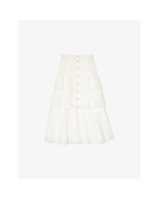 Sandro White Broderie-anglaise Button-down Woven Maxi Skirt