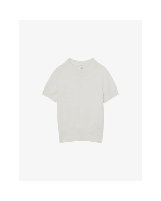 Reiss White Anita Short-Sleeve Cotton And Wool-Blend Top