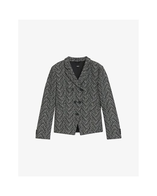 Boss Gray Double-Breasted Herringbone Cotton-Blend Blazer
