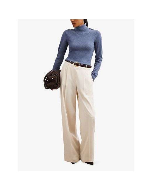 Reiss Blue Corrine Epaulette Roll-Neck Wool Jumper