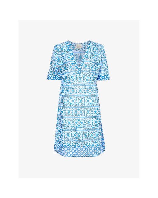 Aspiga Blue Santorini Graphic-print Organic-cotton Midi Dress