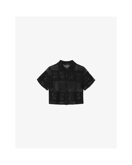 AllSaints Black Kyra Crochet Cropped Cotton Polo