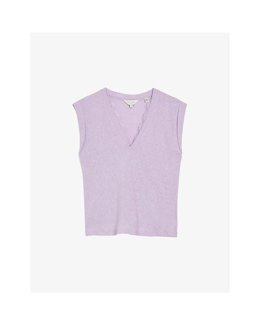 Ted Baker Purple Effiy Lace-trimmed V-neck Linen And Cotton-blend T-shirt
