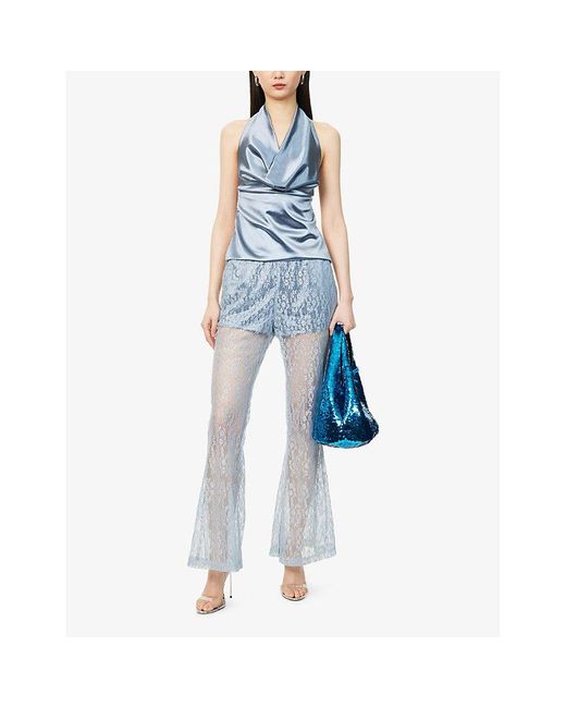 Amy Lynn Blue Cowl Halter-Neck Tie Woven Top