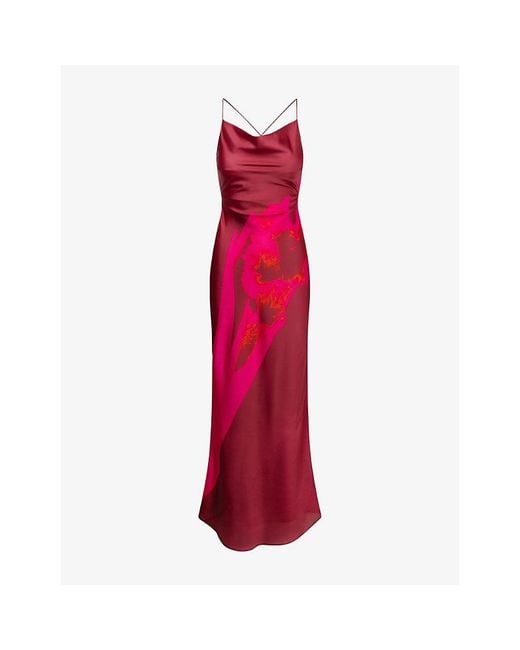 OMNES Red Ginny Floral-Print Satin Maxi Dress