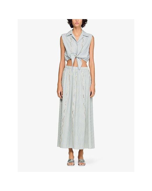 Sandro Blue Striped Rhinestone-Embellished Cotton-Blend Maxi Skirt