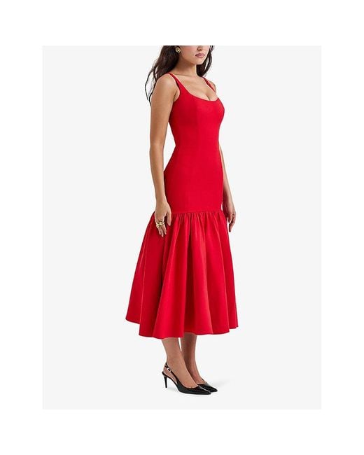 House Of Cb Red Amore Dropped-waist Woven Maxi Dress