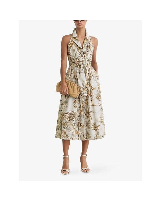 Reiss Natural Carla Palm-Print Linen Midi Dress
