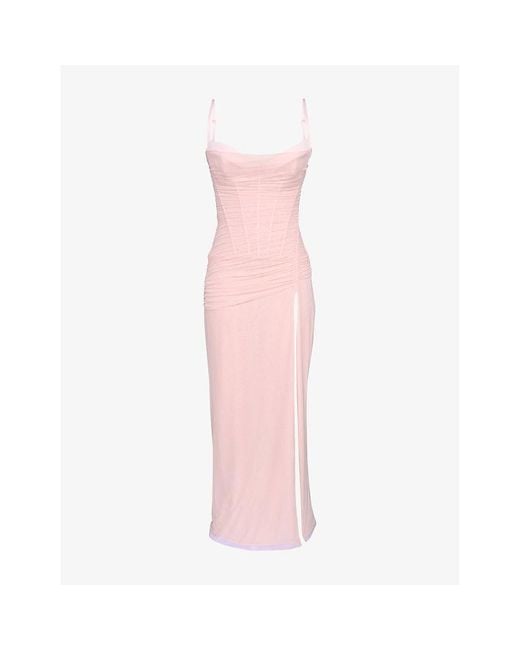 House Of Cb Pink Lini Corset-Bodice Stretch-Mesh Maxi Dress