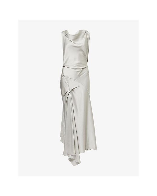Victoria Beckham Gray Posy Twisted-Shoulder Satin Midi Dress