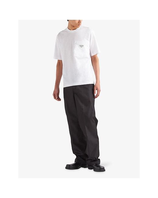 Prada White Re-Nylon Logo-Plaque Cotton-Jersey T-Shirt for men