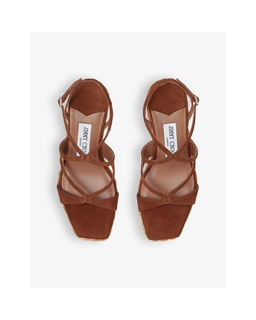 Jimmy Choo Brown Ayla 85 Suede And Raffia Wedge Sandals