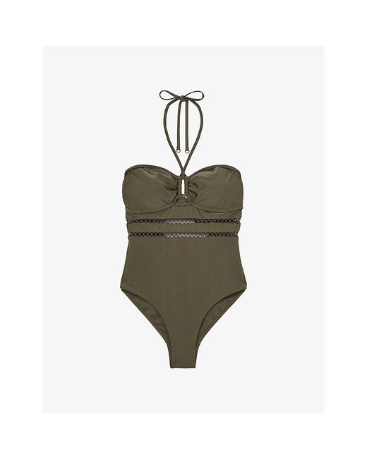 Reiss Green Libby Shimmer Lattice-Trim Stretch-Nylon Bandeau Swimsuit