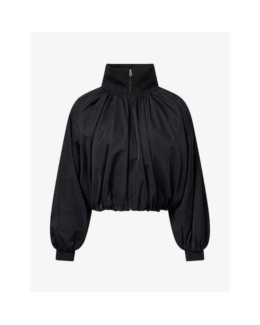 The Couture Club Black Funnel-Neck Ruched-Hem Shell Bomber Jacket