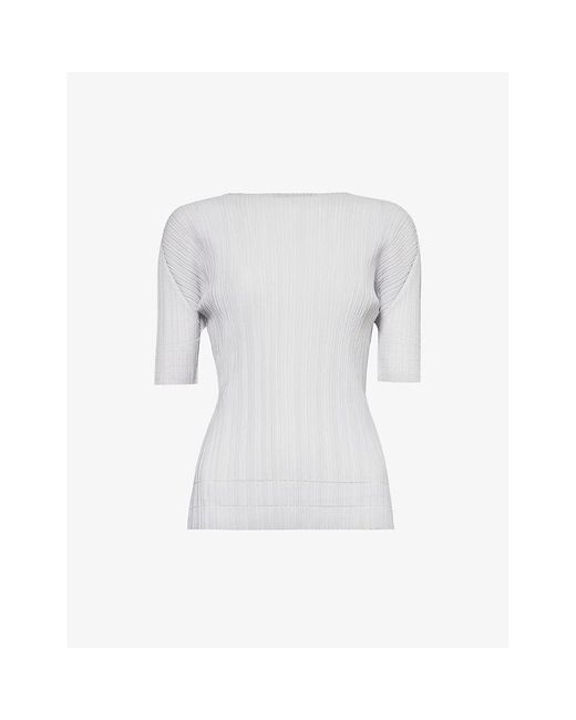 Pleats Please Issey Miyake White Pleated Round-neck Knitted Top