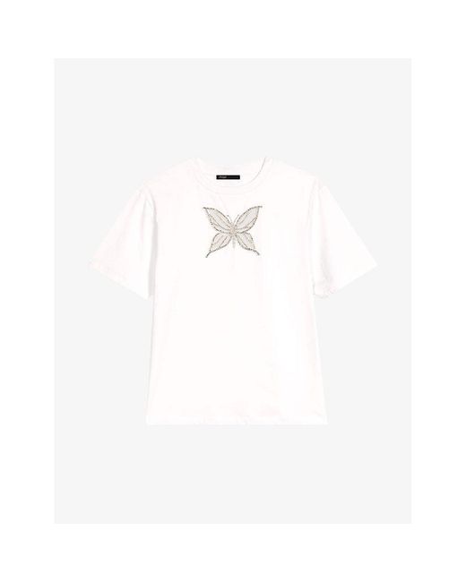 Maje White Rhinestone-embellished Butterfly Cotton T-shirt