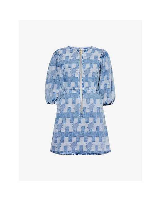 Barbour Blue Bowhill Boxy-fit Patterned-denim Mini Dress