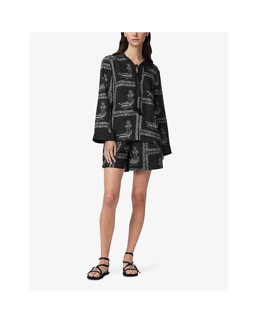 AllSaints Black Lettie Graphic-Print Pleated Woven Shirt