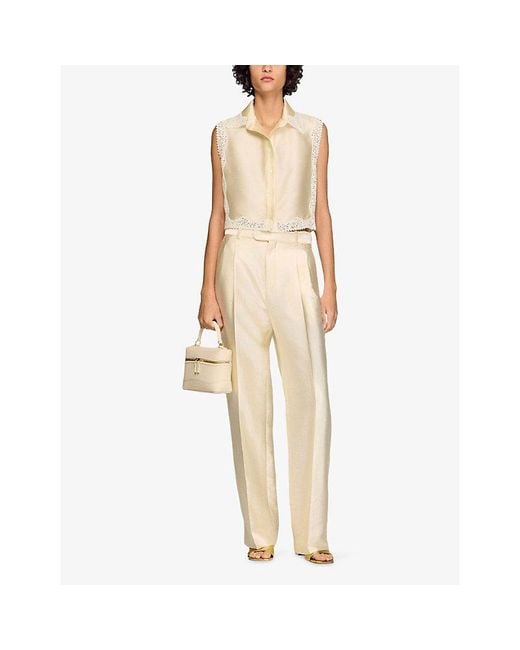 Sandro Natural Straight-Leg High-Rise Satin Trousers