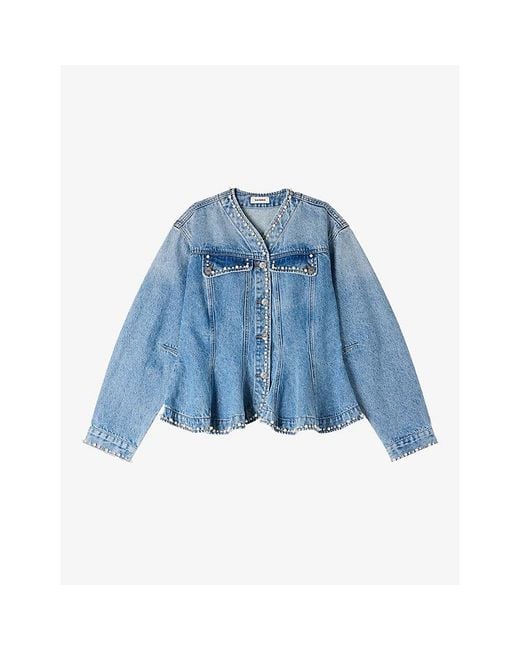 Sandro Blue Peplum-Hem Beaded-Trim Denim Jacket
