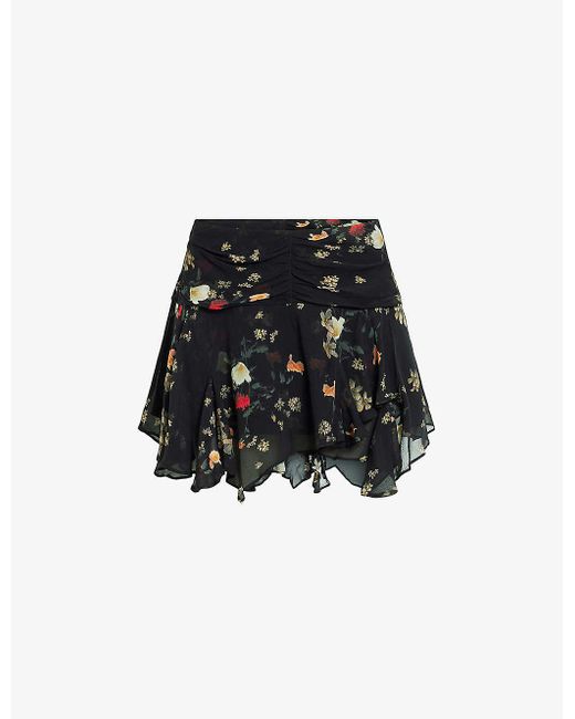 AllSaints Black Erica Kora Floral-print High-rise Woven Mini Skirt