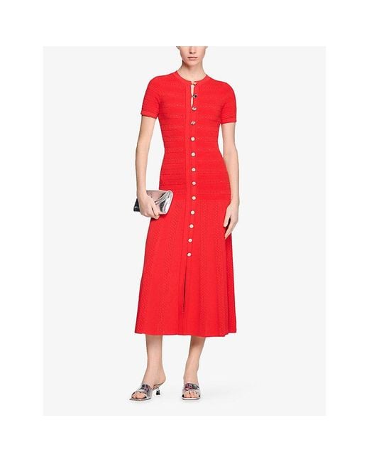 Sandro Red Short-Sleeved Button-Up Knitted Maxi Dress